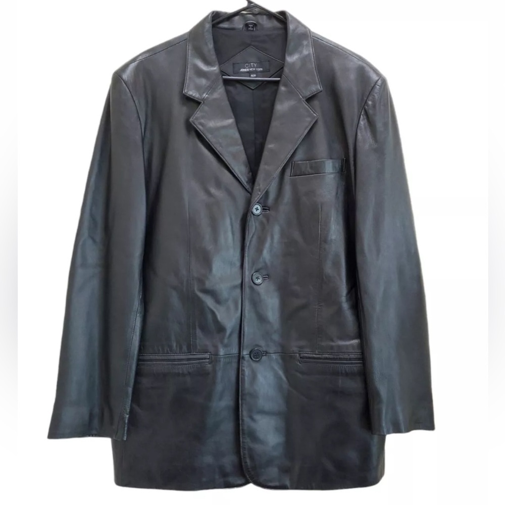 City Jones NY Classic Black Leather Jacket Button Pockets 46R